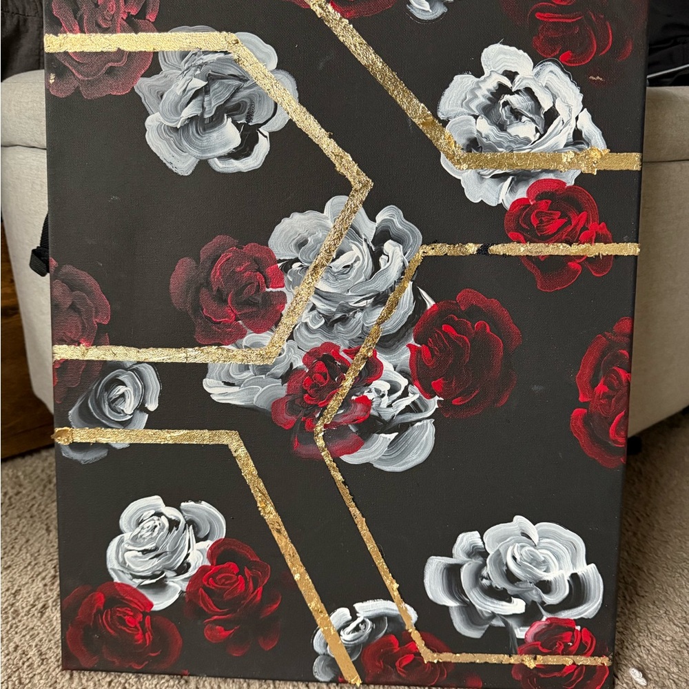 Floral Canvas Art with Gold Accents hand painted by me